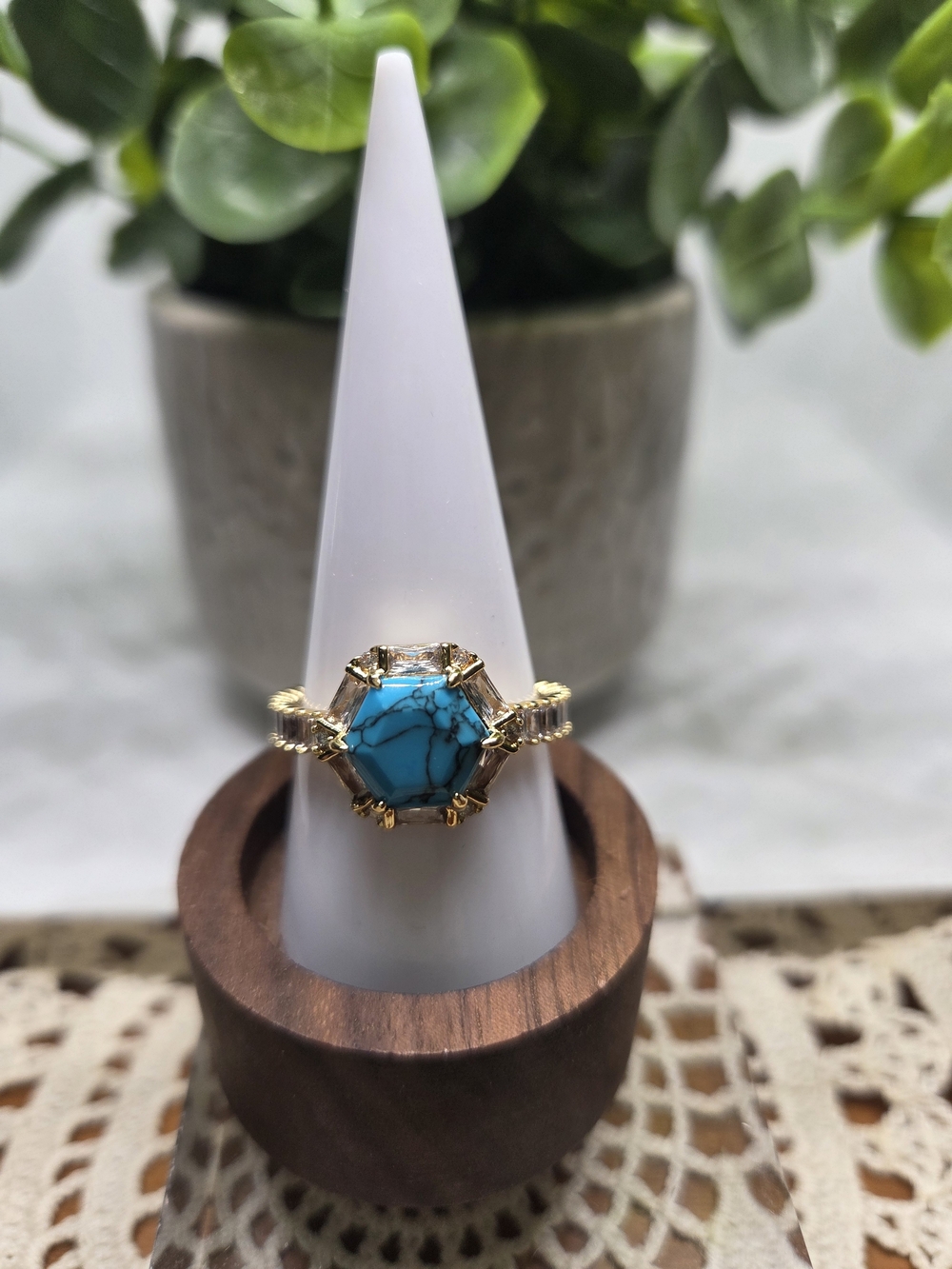 BP Gold Ring with Hexagonal Turquoise Center